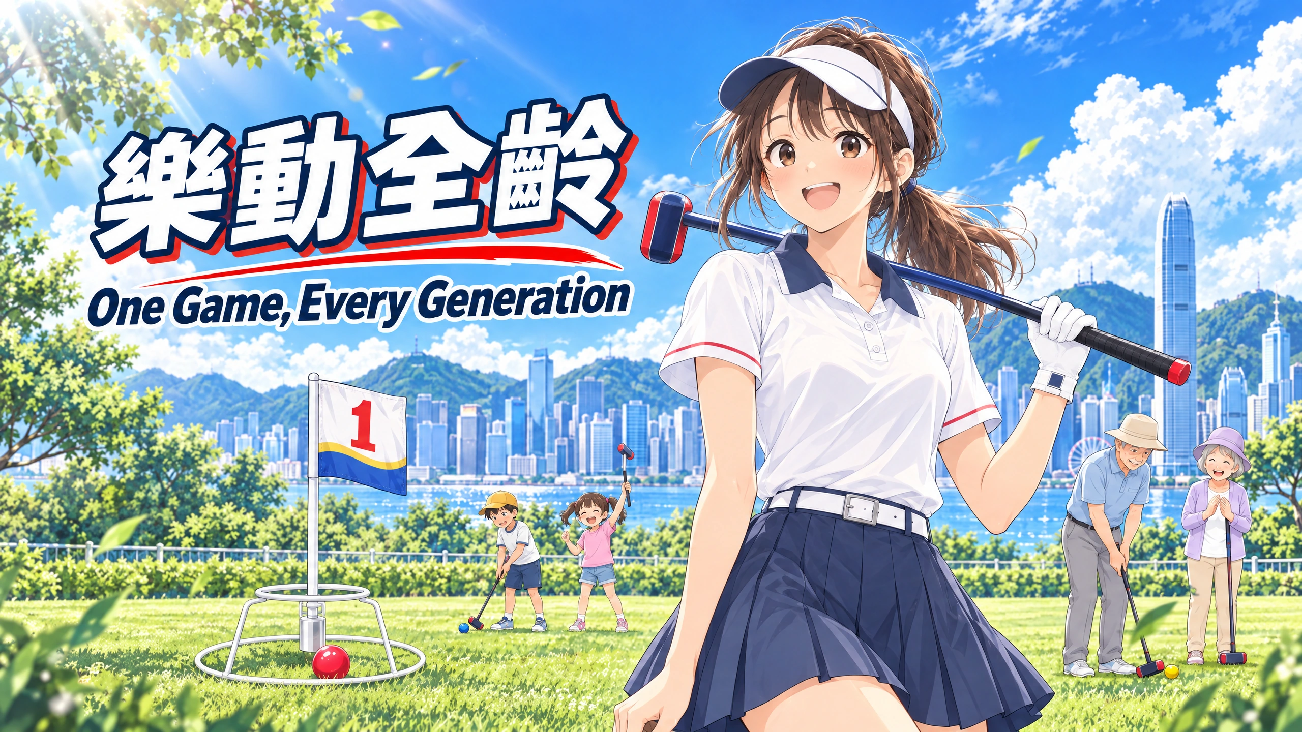 動漫代言少女肩托場地高爾夫球球桿,在維港草地前微笑,身旁有兩位小朋友及右側的兩位長者,標語為「樂動全齡」及 One Game, Every Generation